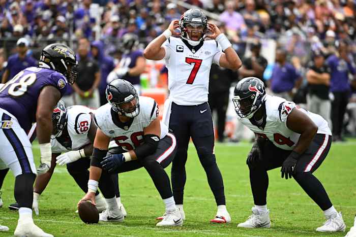 Houston Texans quarterback C.J. Stroud (7) at the line of scrimmage against the Baltimore Ravens during the first half at M&T Bank Stadium. Mandatory Credit: Brad Mills-USA TODAY Sports